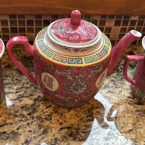 Vintage set Chinese rose pink Mun Shou Longevity pattern hand made tea pot set
